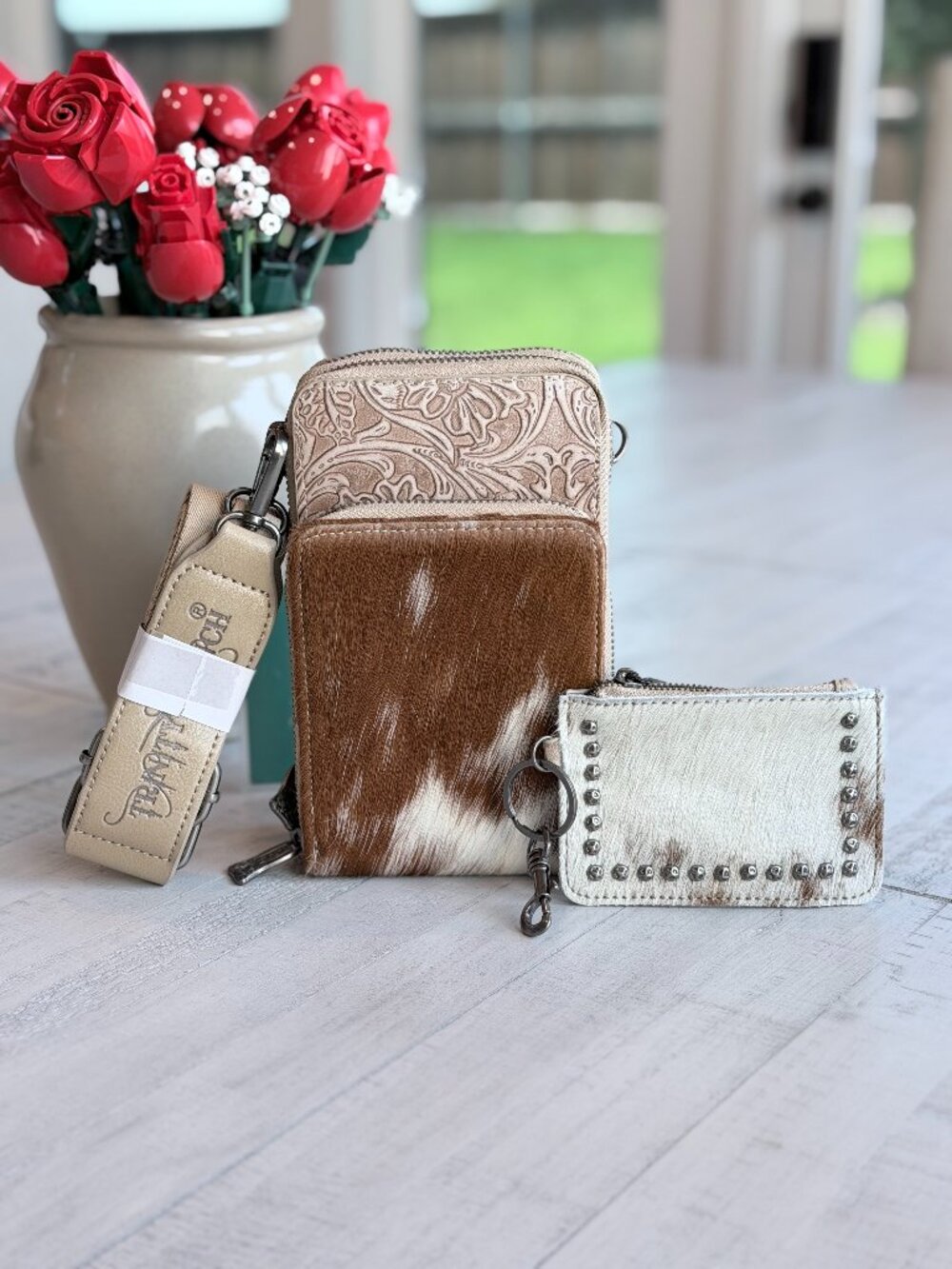 Trinity Ranch Genuine Hair-On Cowhide /Tooled Phone Purse w/ Coin Pouch Tan